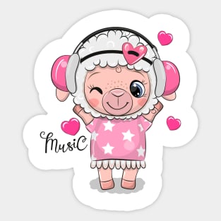 Cute little lamb in a pink dress and headphones. Sticker